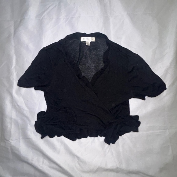 White House Black Market Tie Front Shrug Cardigan Short Sleeves Cropped Black M - Picture 3 of 7